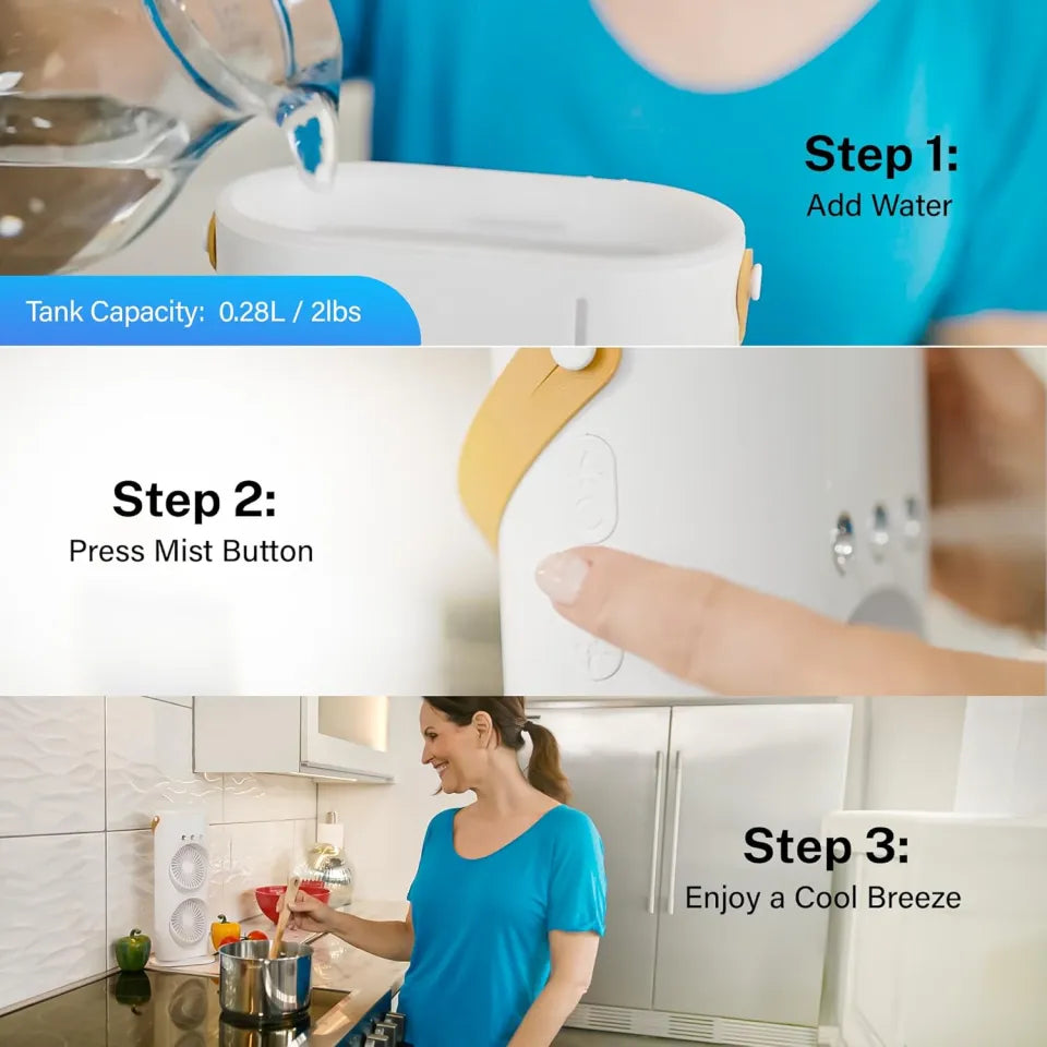 Rechargeable Automatic Rotating Dual Double Spray Mist Fan with Lightening Effects.