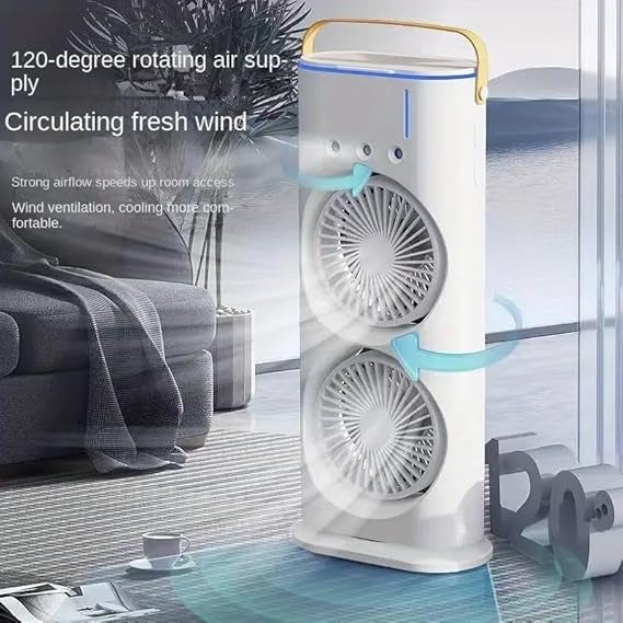 Rechargeable Automatic Rotating Dual Double Spray Mist Fan with Lightening Effects.