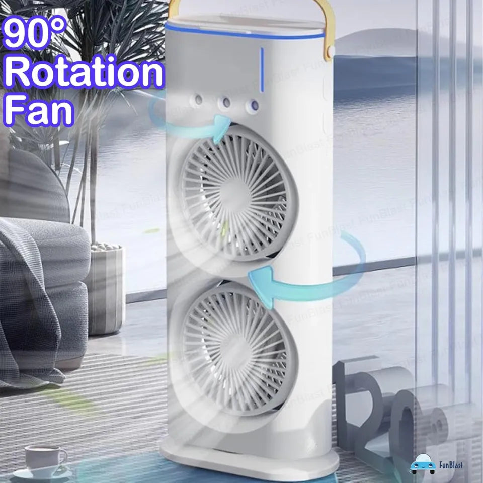 Rechargeable Automatic Rotating Dual Double Spray Mist Fan with Lightening Effects.