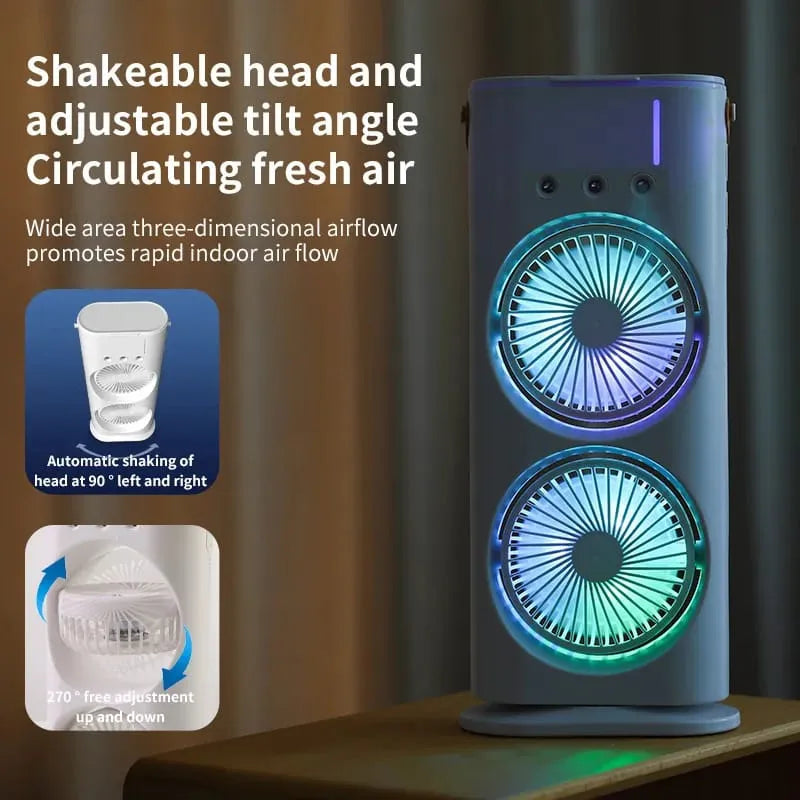 Rechargeable Automatic Rotating Dual Double Spray Mist Fan with Lightening Effects.