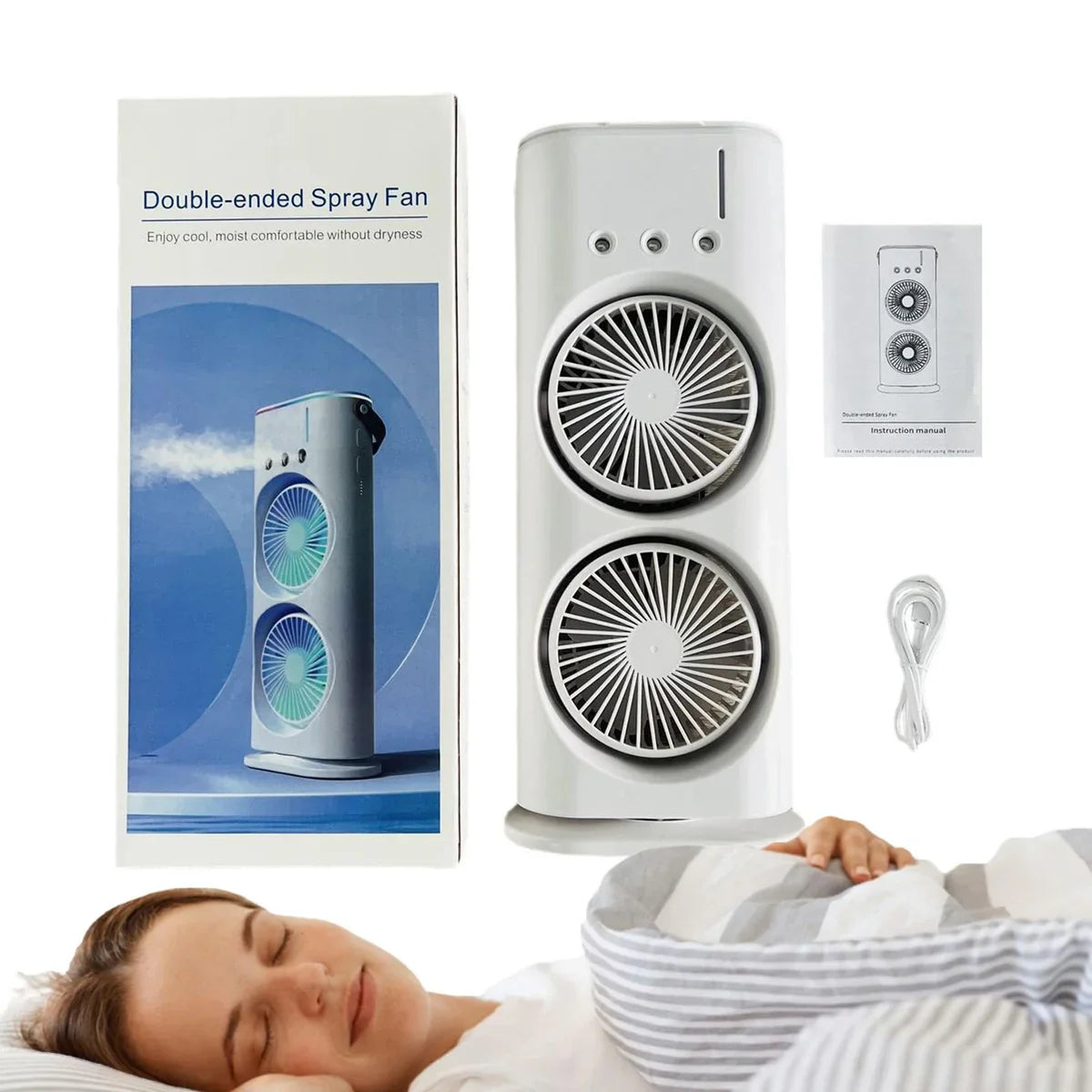 Rechargeable Automatic Rotating Dual Double Spray Mist Fan with Lightening Effects.