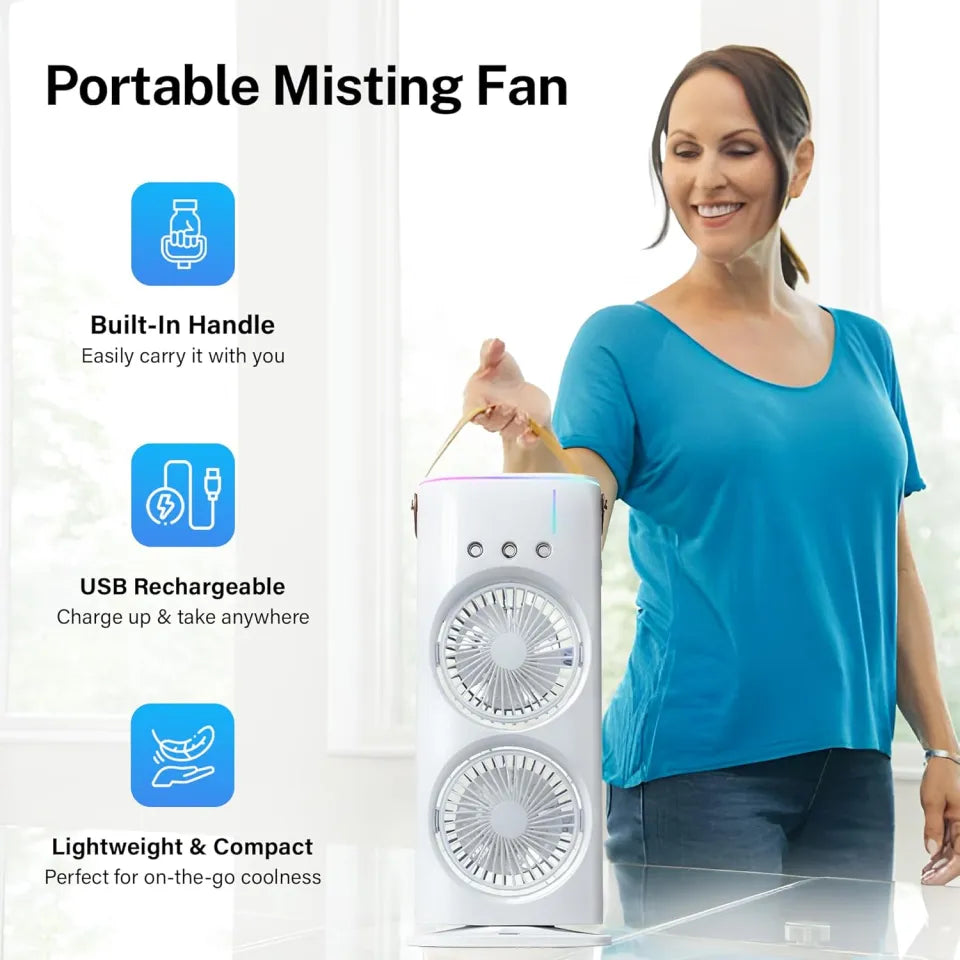 Rechargeable Automatic Rotating Dual Double Spray Mist Fan with Lightening Effects.