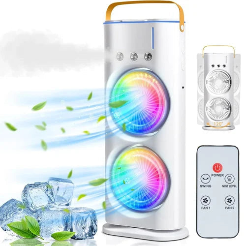 Rechargeable Automatic Rotating Dual Double Spray Mist Fan with Lightening Effects.