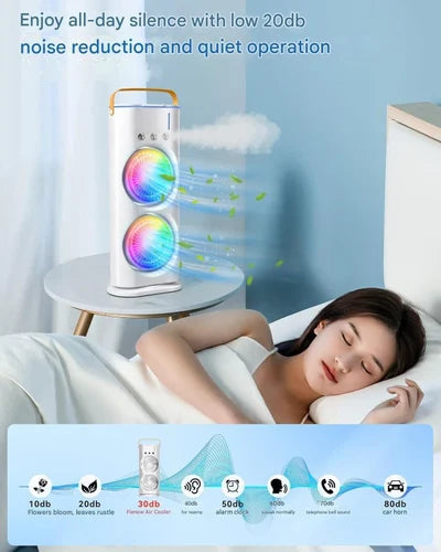 Rechargeable Automatic Rotating Dual Double Spray Mist Fan with Lightening Effects.