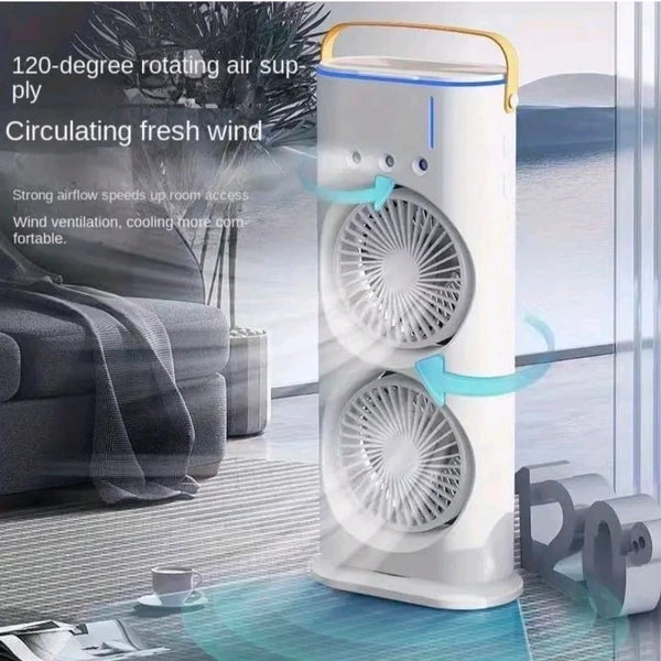 Rechargeable Automatic Rotating Dual Double Spray Mist Fan with Lightening Effects.