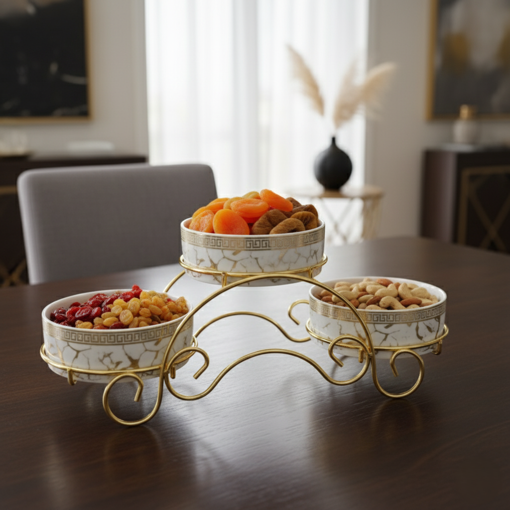 Magnificent Ceramic Jar Trio with Golden Stand