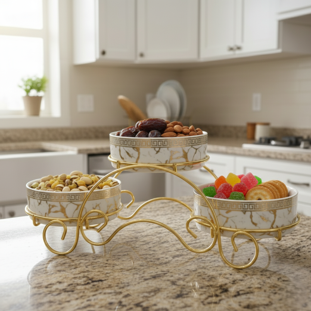 Magnificent Ceramic Jar Trio with Golden Stand