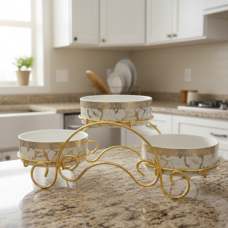 Magnificent Ceramic Jar Trio with Golden Stand