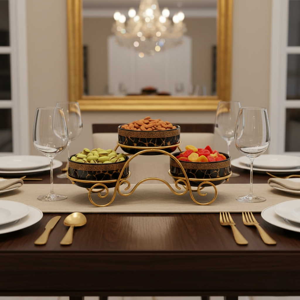 Magnificent Ceramic Jar Trio with Golden Stand