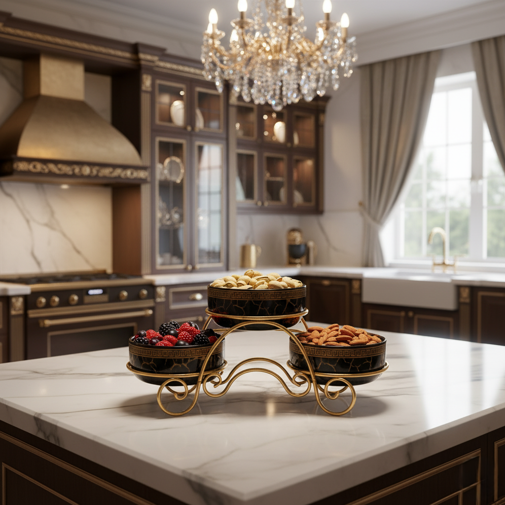 Magnificent Ceramic Jar Trio with Golden Stand